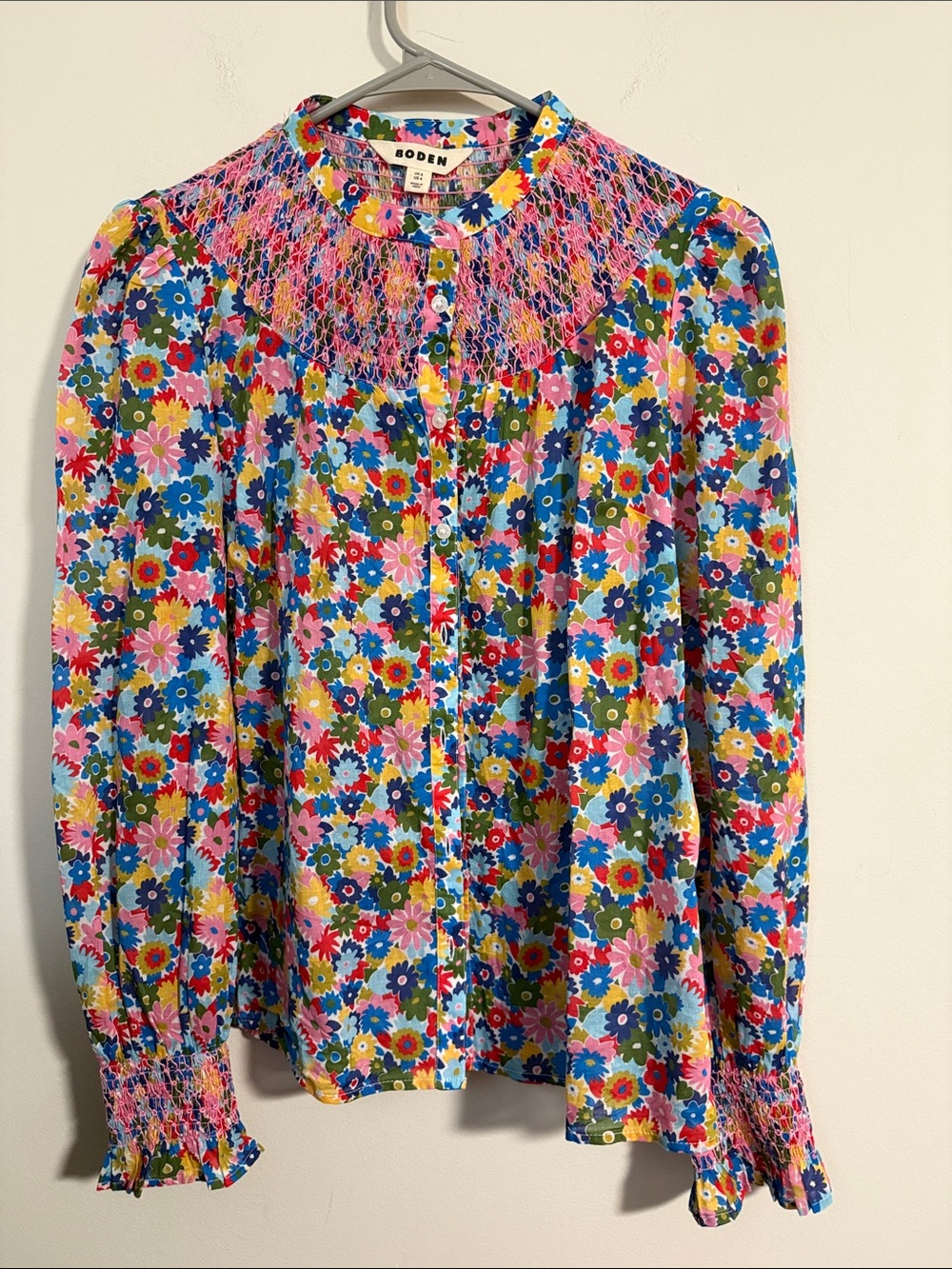 Boden Effie Smocked Floral Button-Front Yoke Top blouse Multi size 4